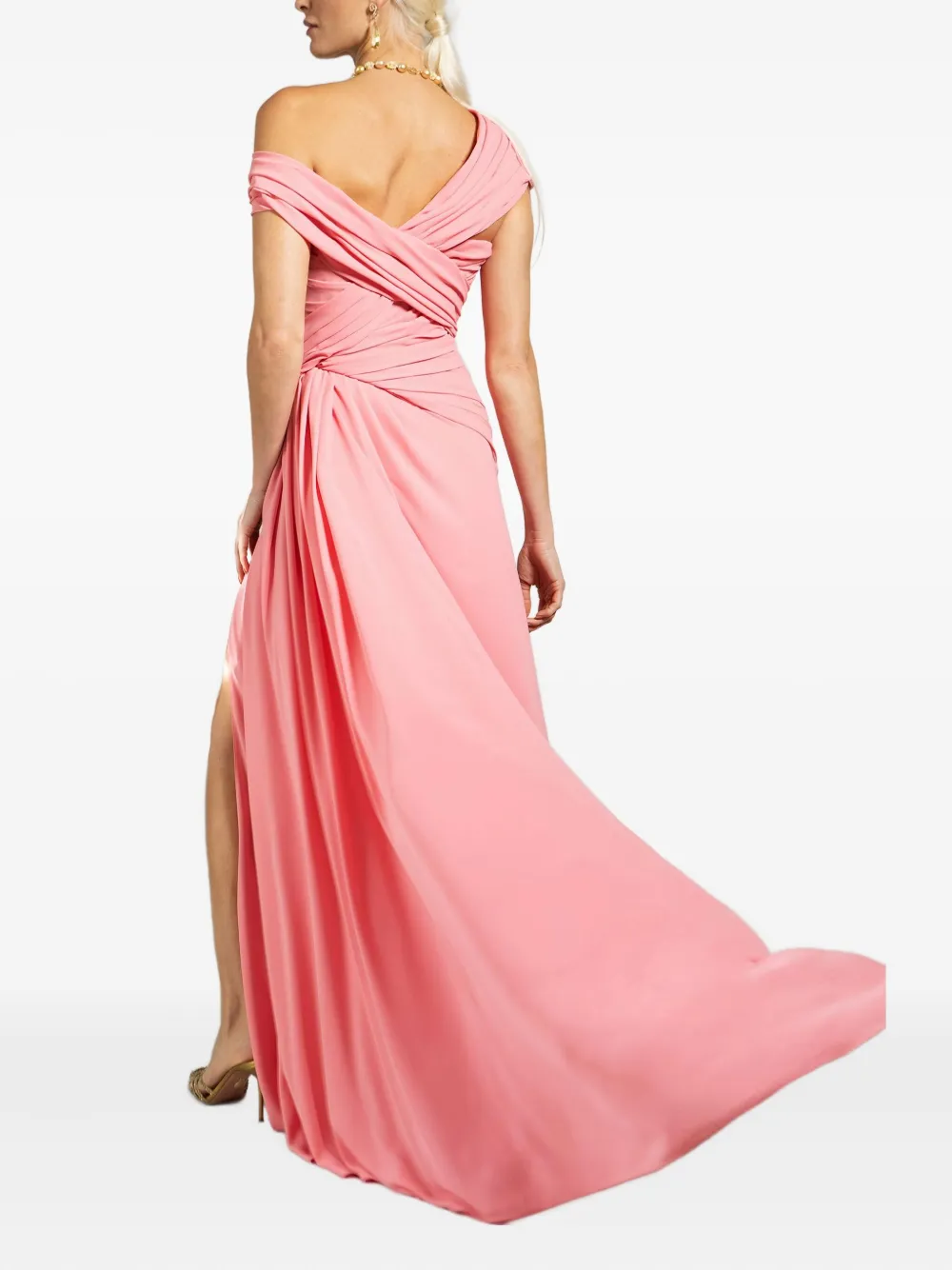 Monique Lhuillier Off-shoulder Draped Gown In Pink