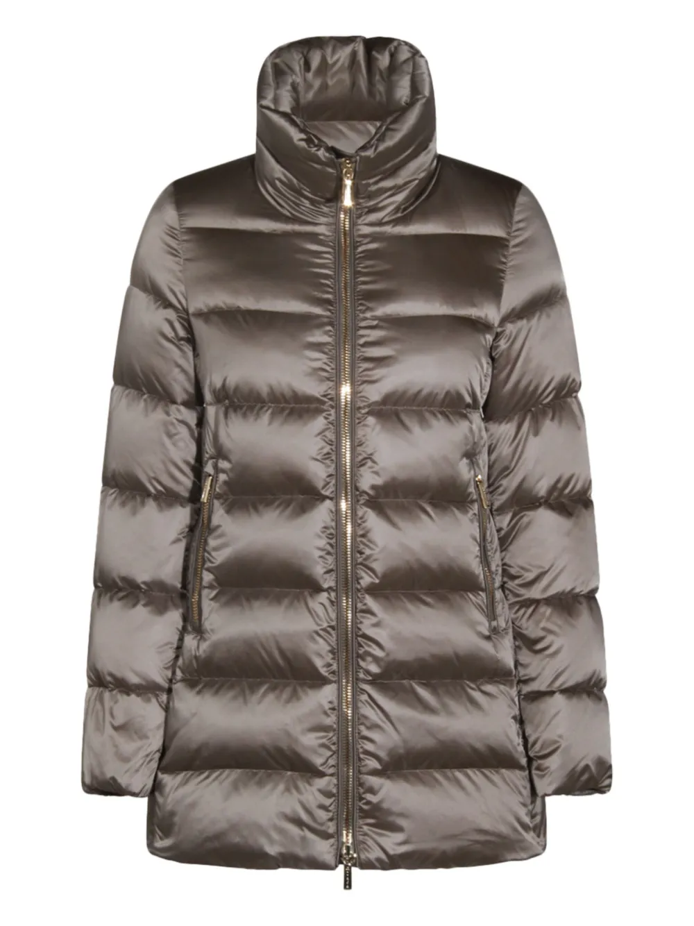 Moorer Long Quilted Down Jacket With High Collar In Brown
