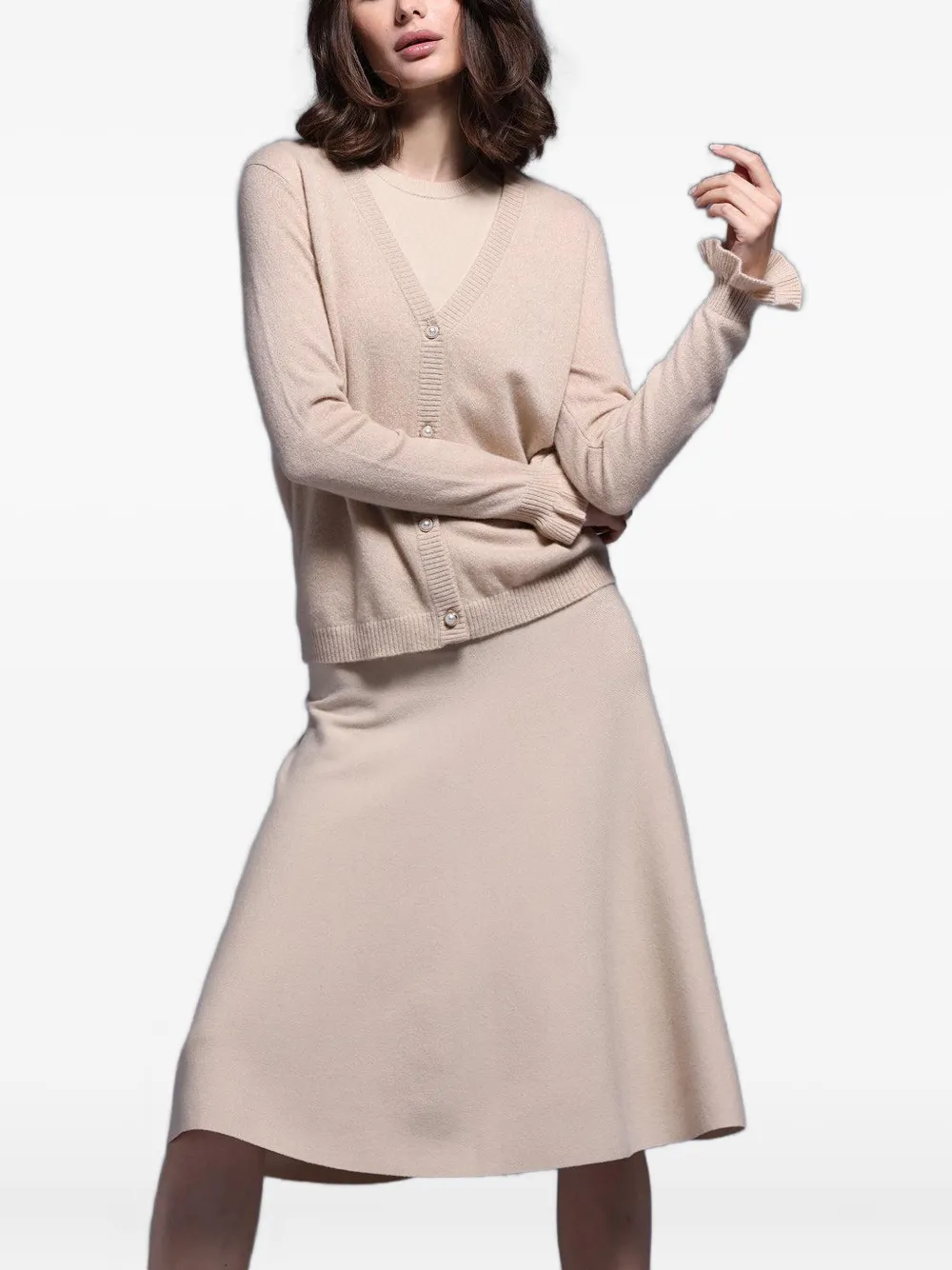 Minnie Rose Ruffle-cuff Cardigan In Neutral