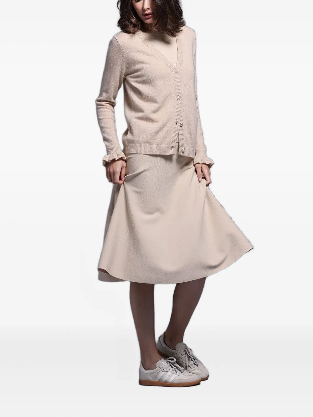 Minnie Rose Ruffle-cuff Cardigan In Neutral