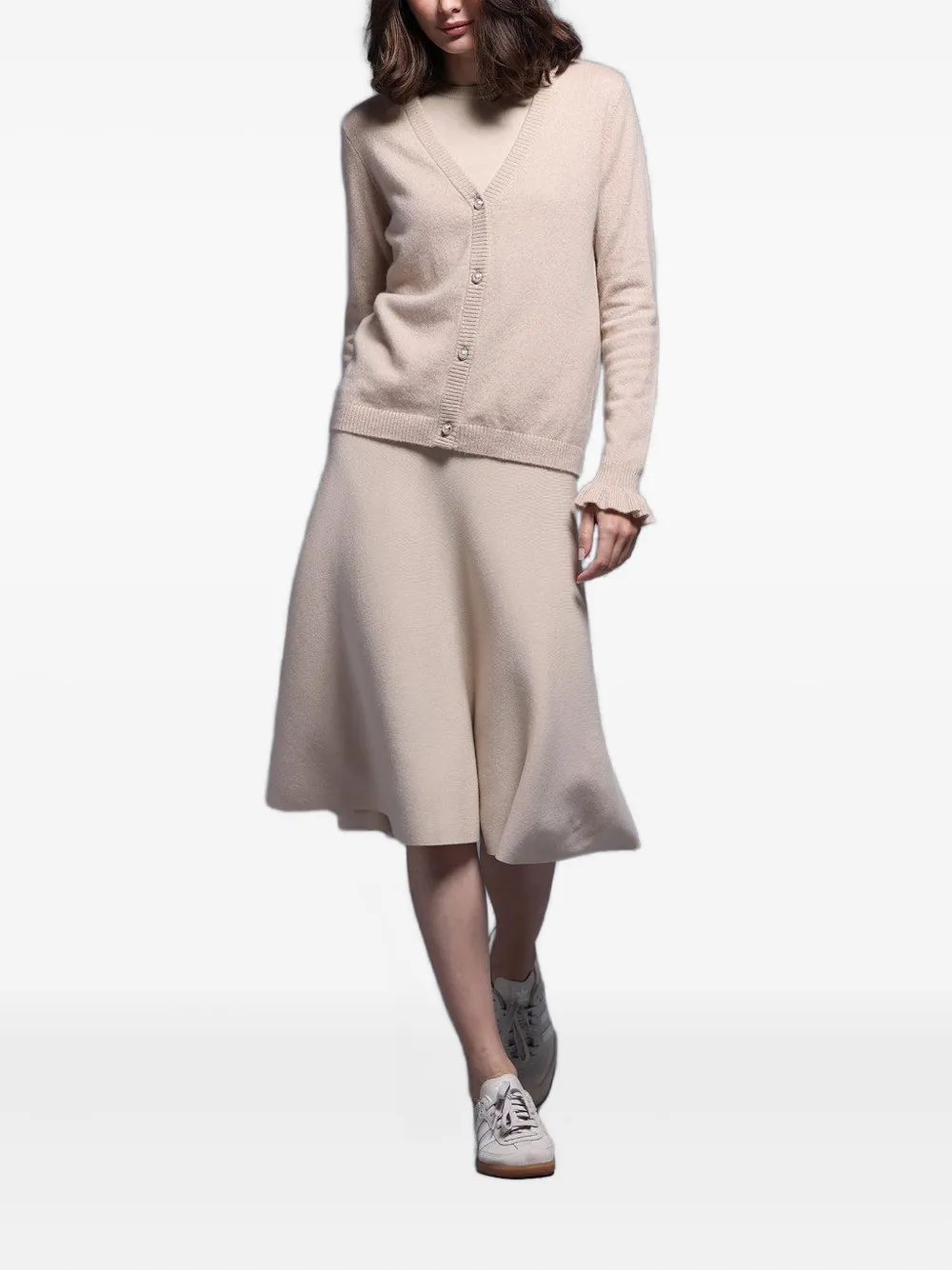 Minnie Rose Ruffle-cuff Cardigan In Neutral