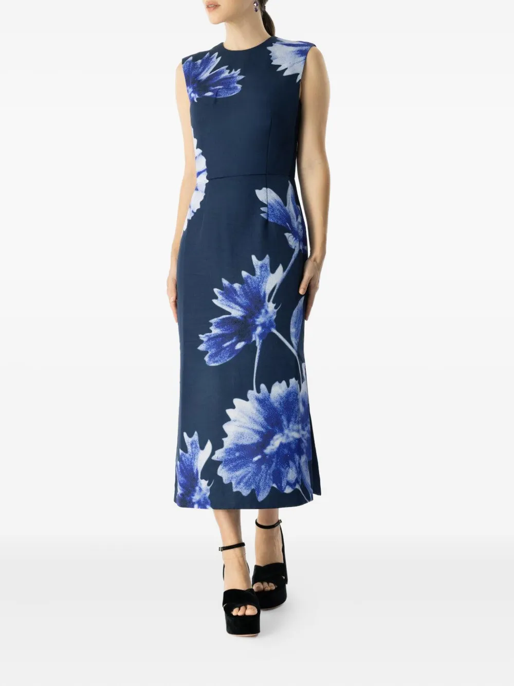 ERDEM floral-print sleeveless midi dress - Blauw