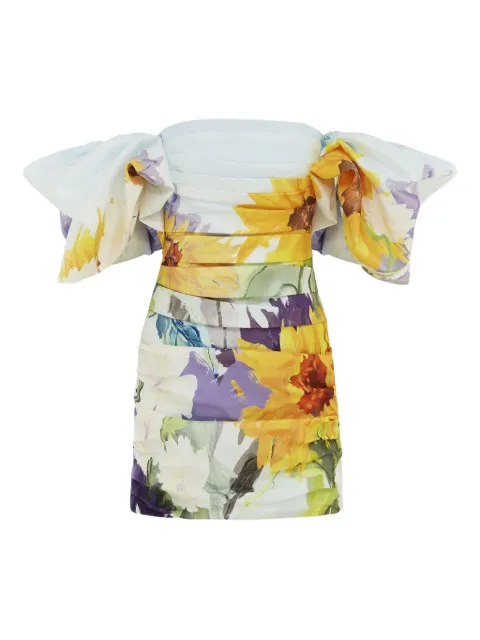 Leo Lin puff-sleeve sunflower print dress
