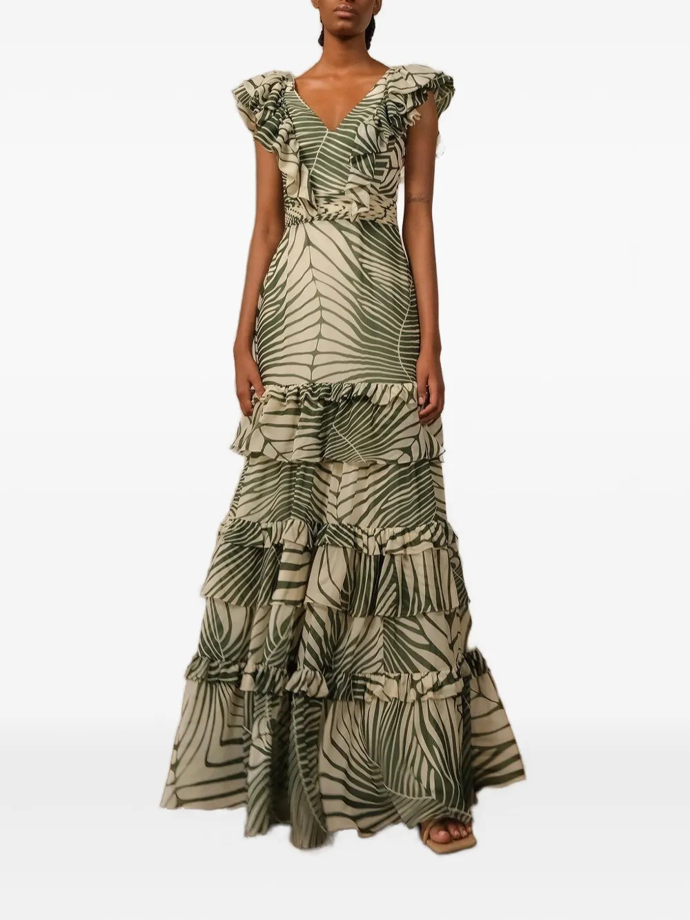ANDRES OTALORA Mesay leaf-print ruffled maxi dress - Groen