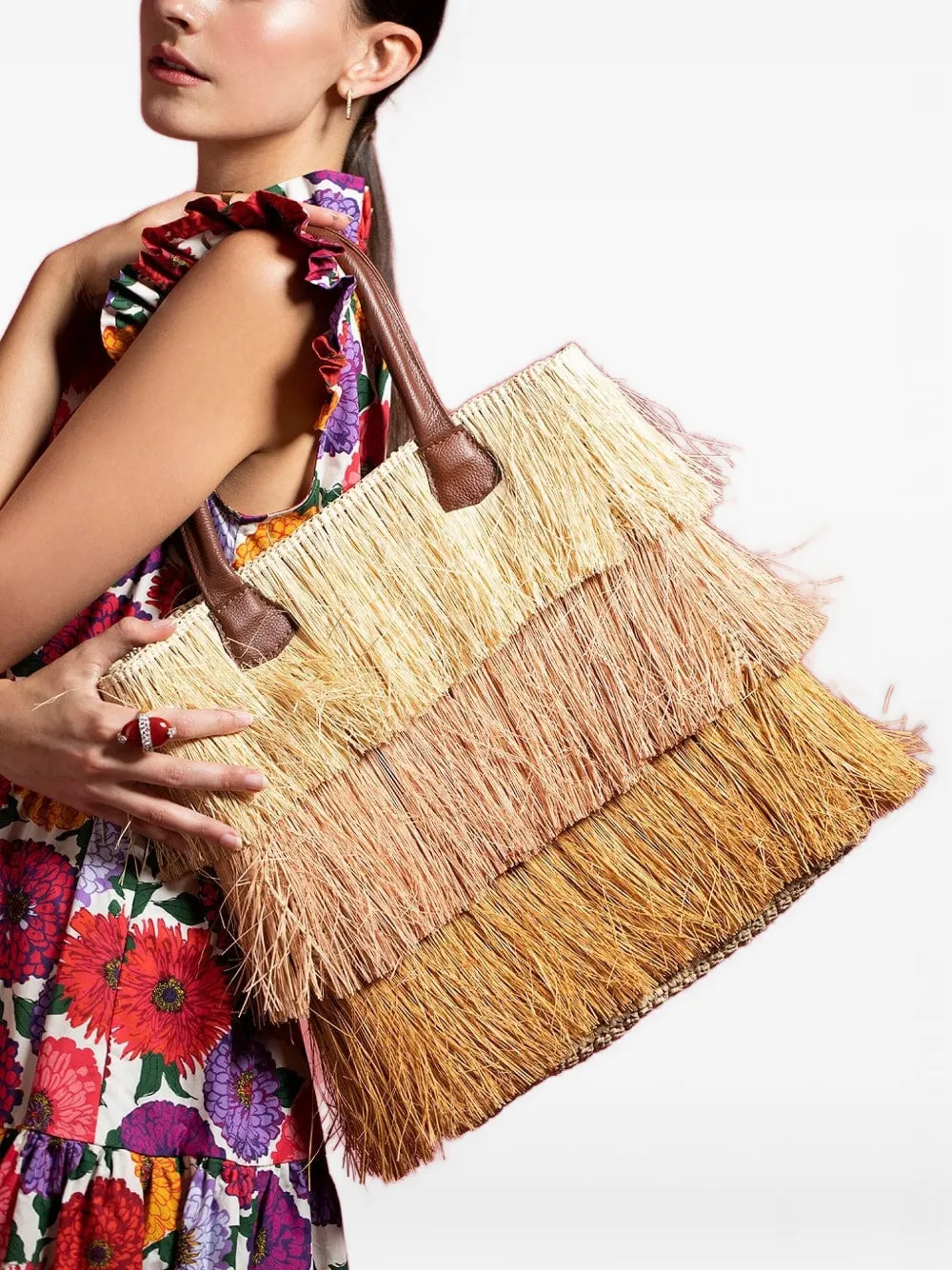Sensi Studio Driekleurige shopper met franje - Beige