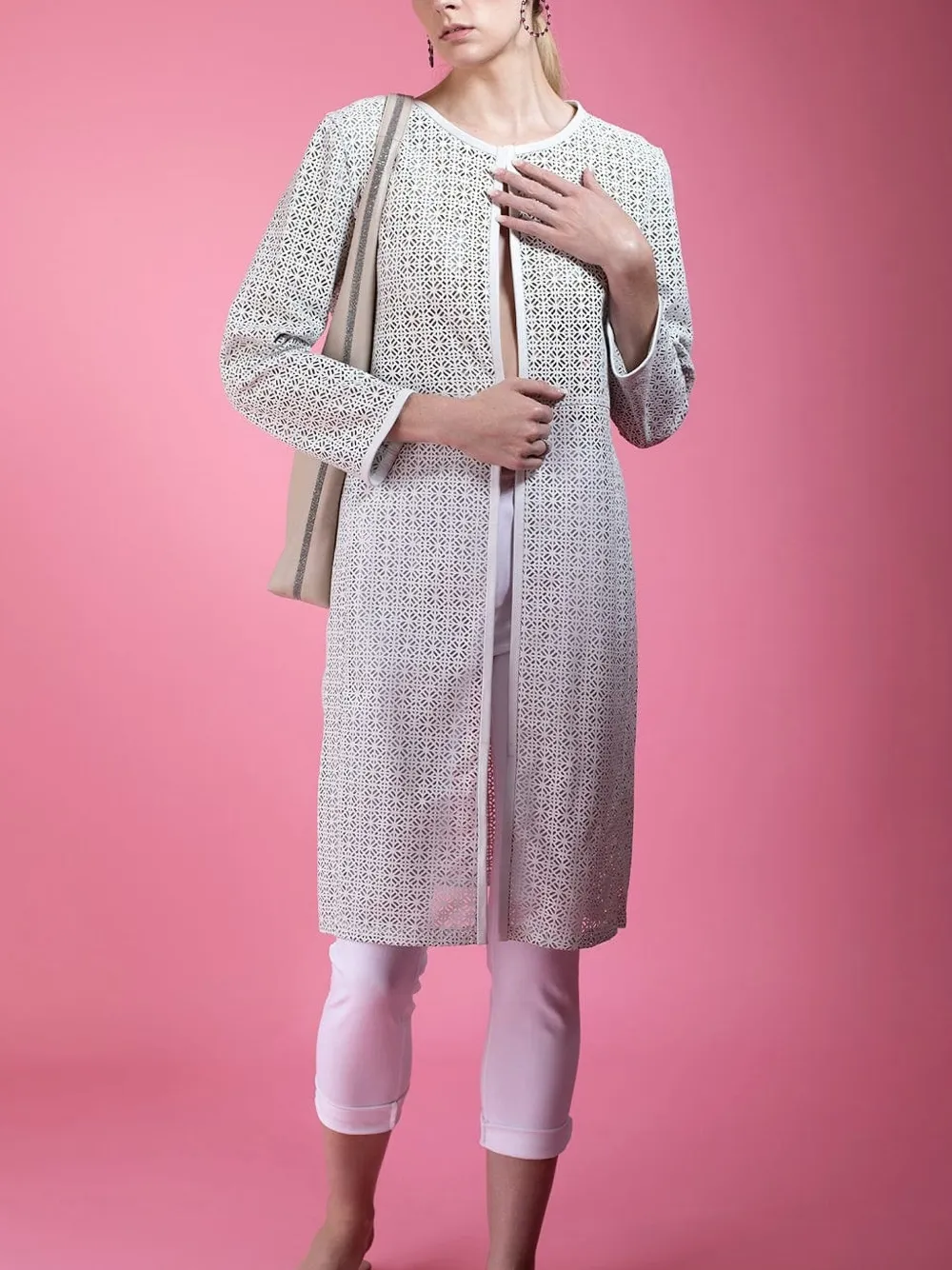 Susan Bender Laser-cut Duster Coat In Gray