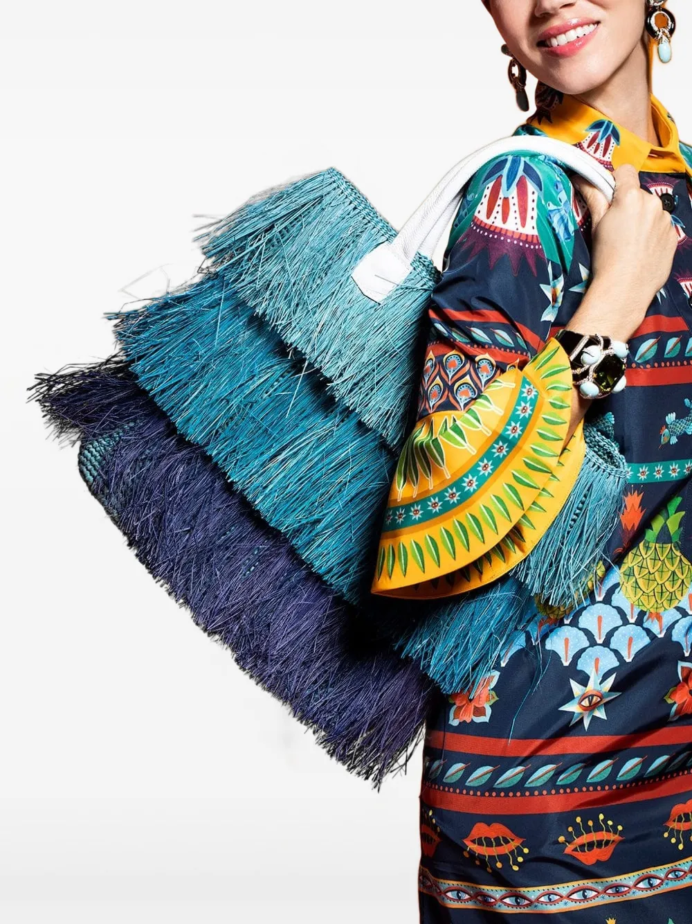 Sensi Studio fringed three-tone tote bag - Blauw