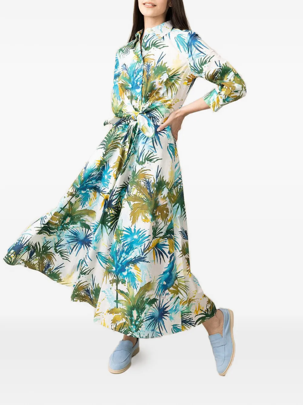 Sara Roka Dralla palm-print belted shirt dress - Blauw
