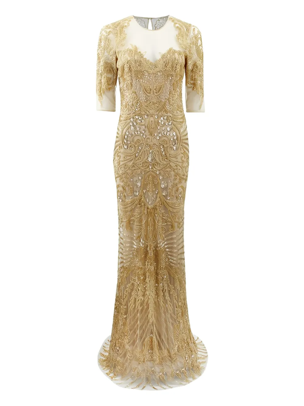 Naeem Khan Sheer-panelled Embroidered Gown In Gold