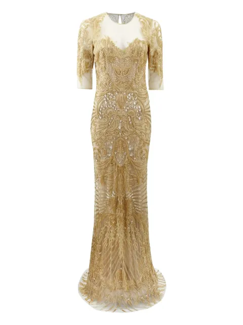 Naeem Khan vestido de fiesta bordado con paneles transparentes