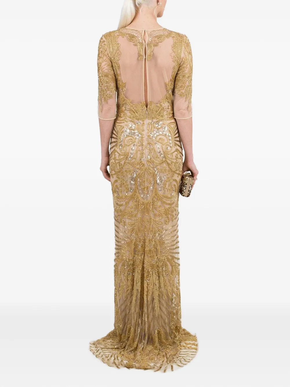 Naeem Khan Sheer-panelled Embroidered Gown In Gold