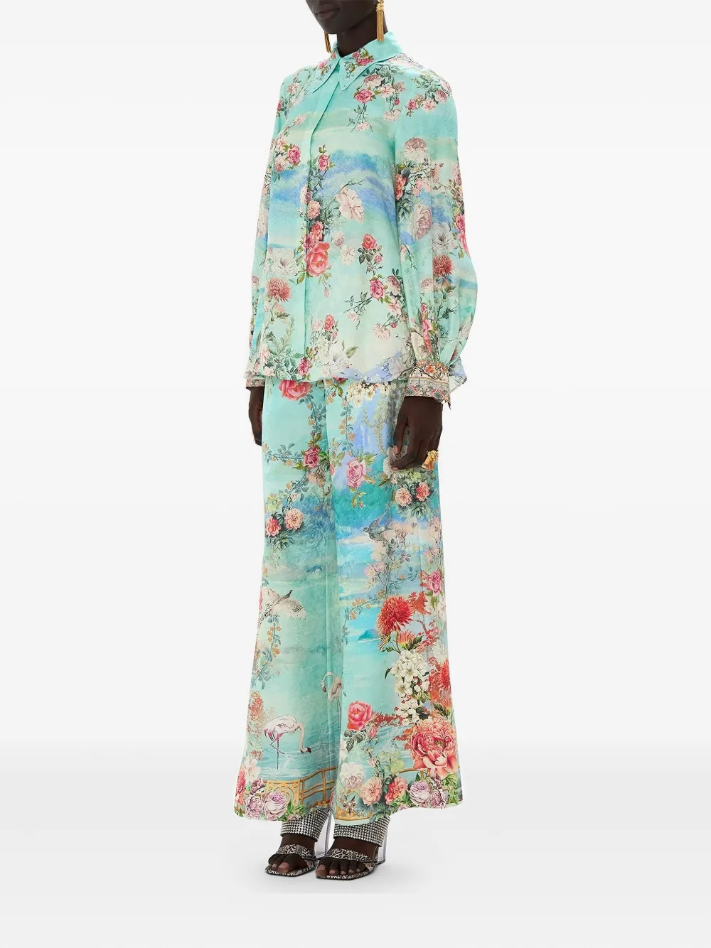 Camilla floral-print curved-collar blouse Groen