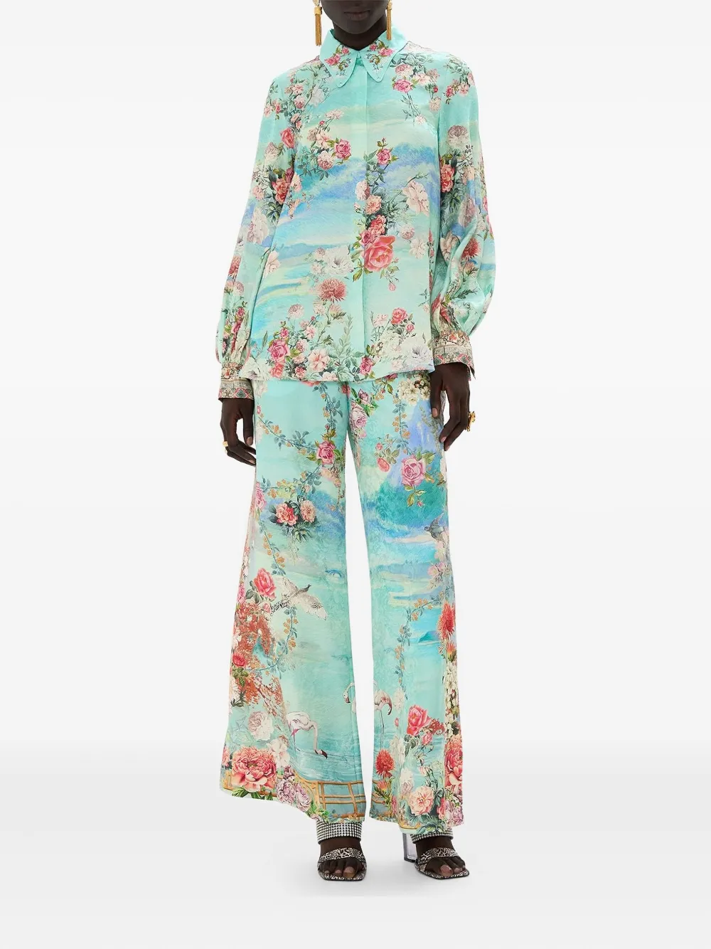 Camilla floral-print curved-collar blouse - Groen