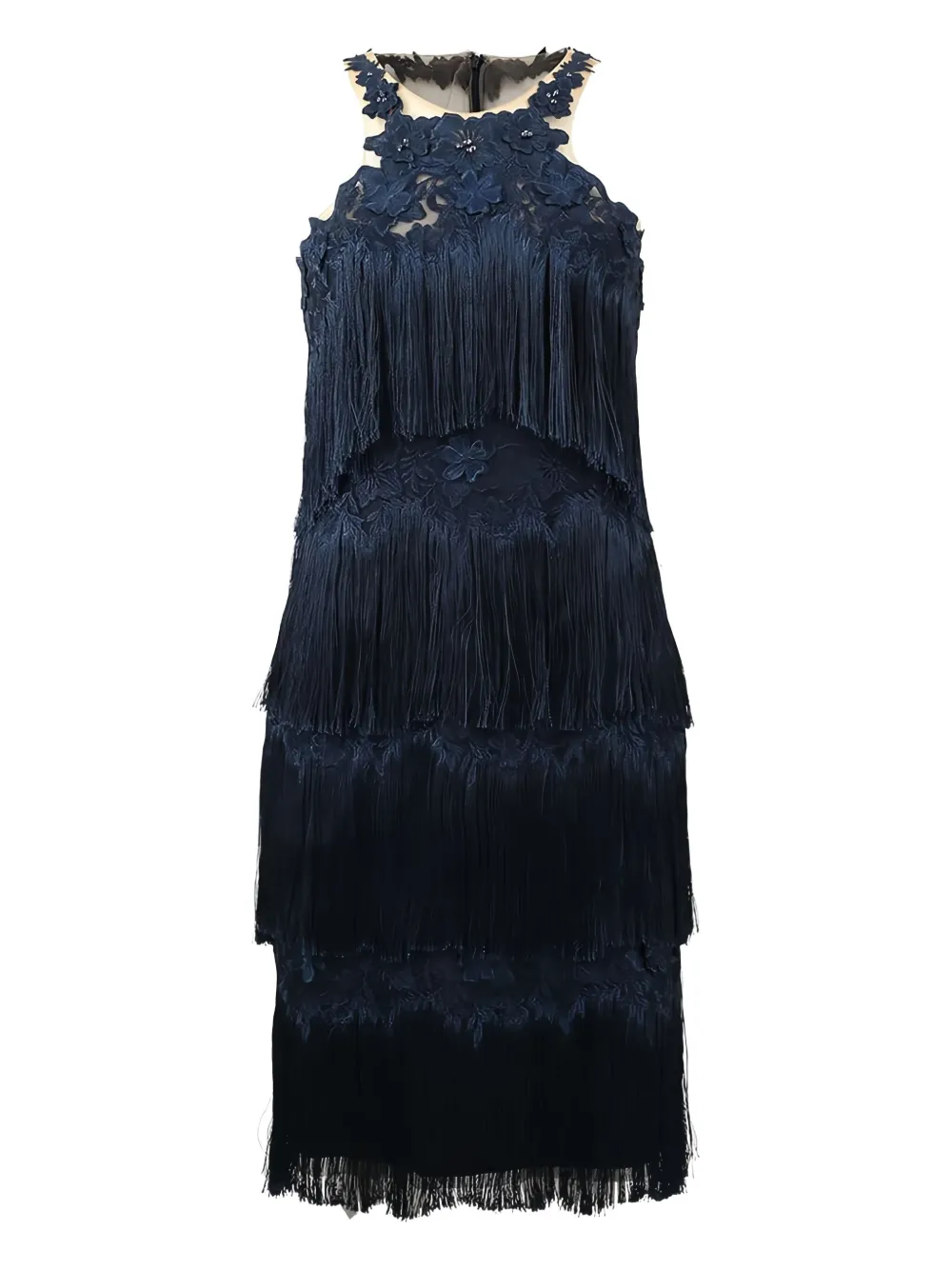 Marchesa Notte Fringe Midi Dress In Blue