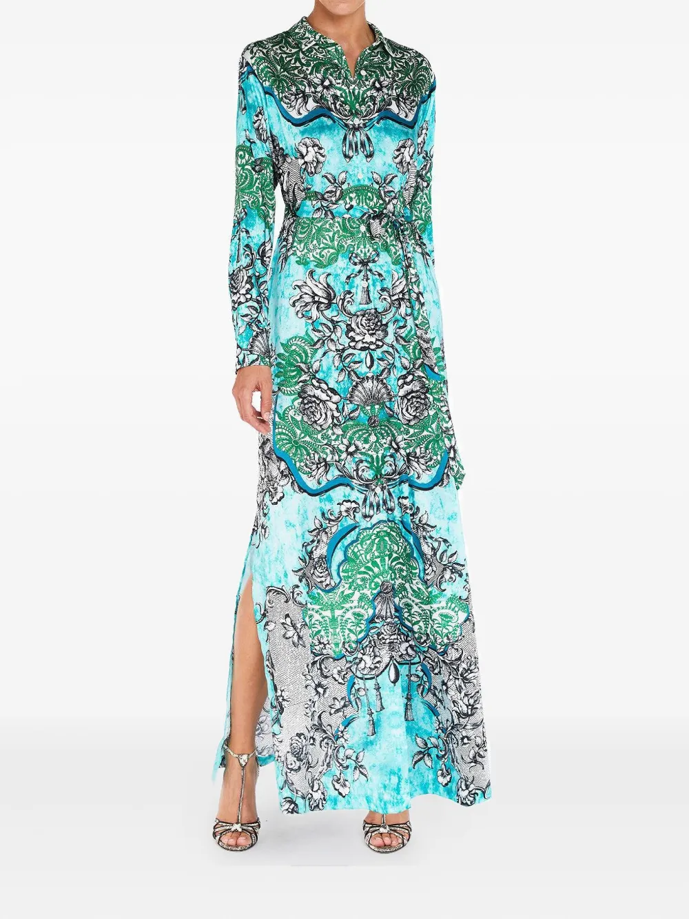 Mary Katrantzou Torino Lace-print Belted Maxi Dress In Multi