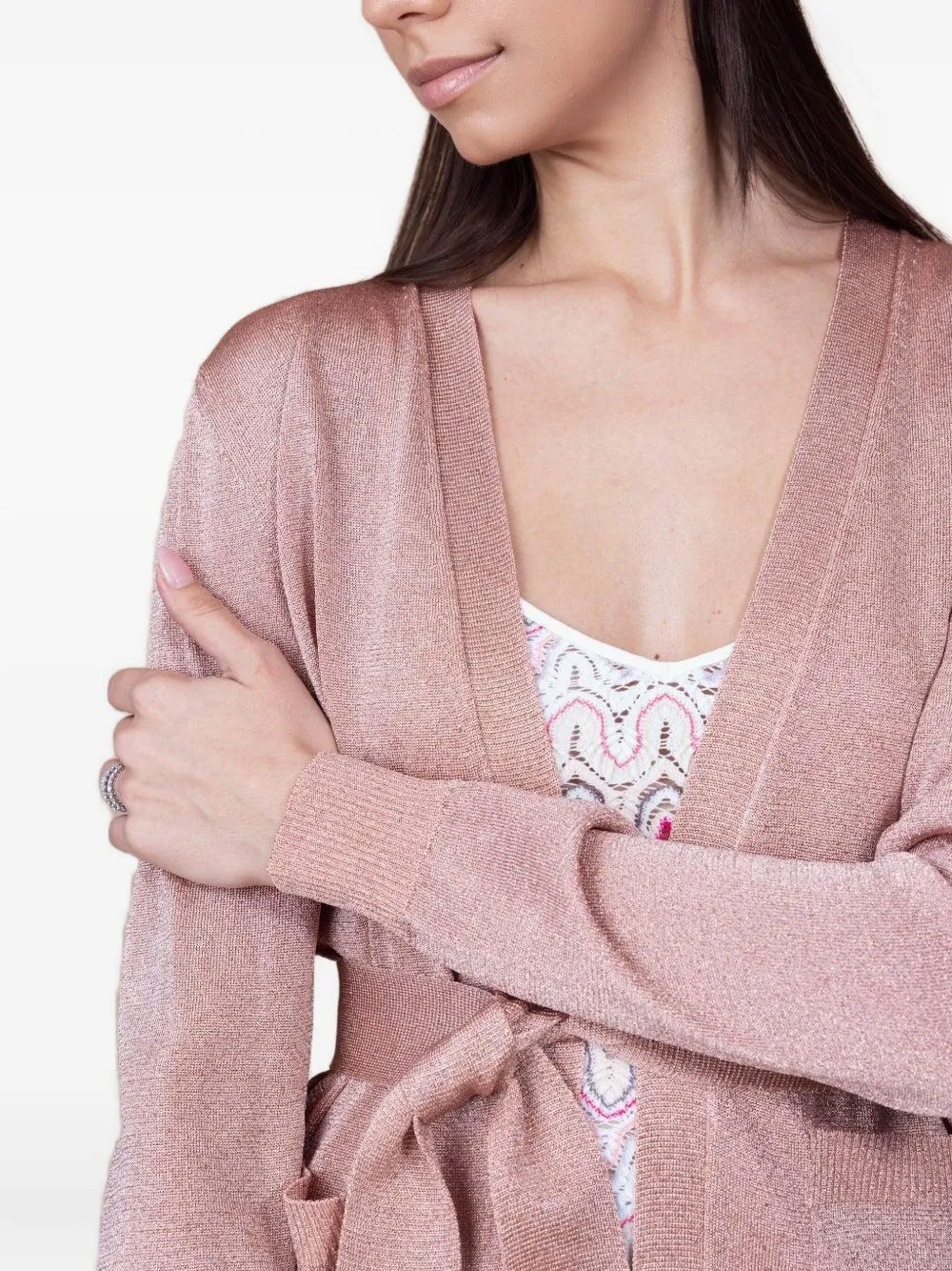 Missoni Belted Metallic-knit Cardigan In Pink
