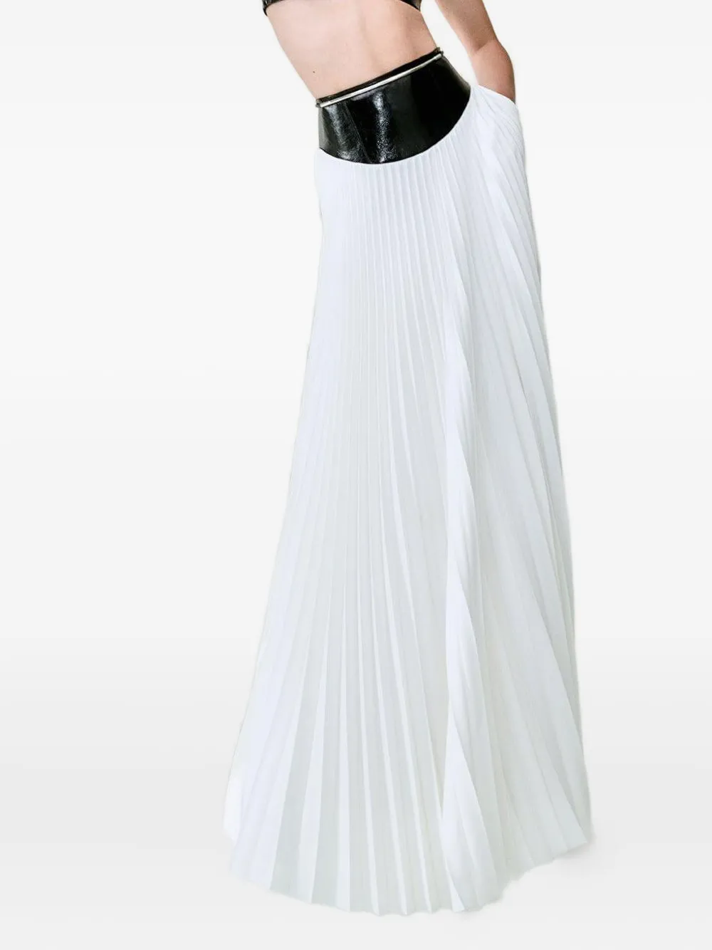 Brandon Maxwell Laurel Leather-waist Pleated Skirt In White