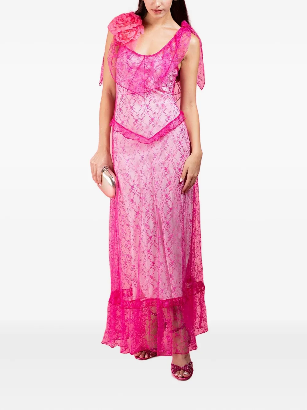 Rodarte Jurk met bloemenkant en ruches - Roze