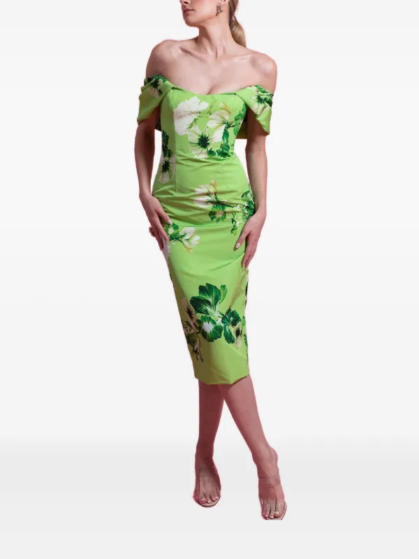 Monique Lhuillier Floral-print Midi Dress - Green Monique Lhuillier Floral-print Midi Dress - Green