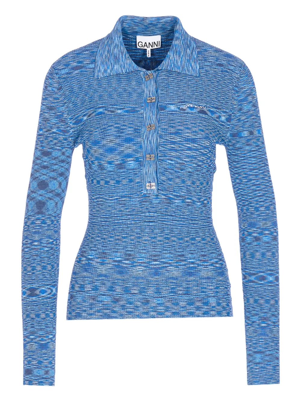 Ganni Spacedyed Logo-button Polo Top In Blue