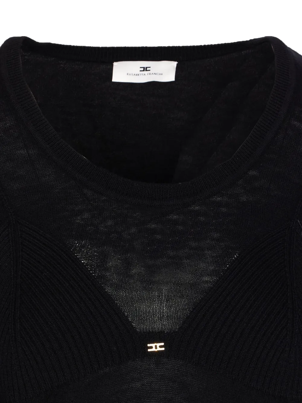 Elisabetta Franchi Long Sleeve Crewneck Knit Top With Sheer Panel In Black