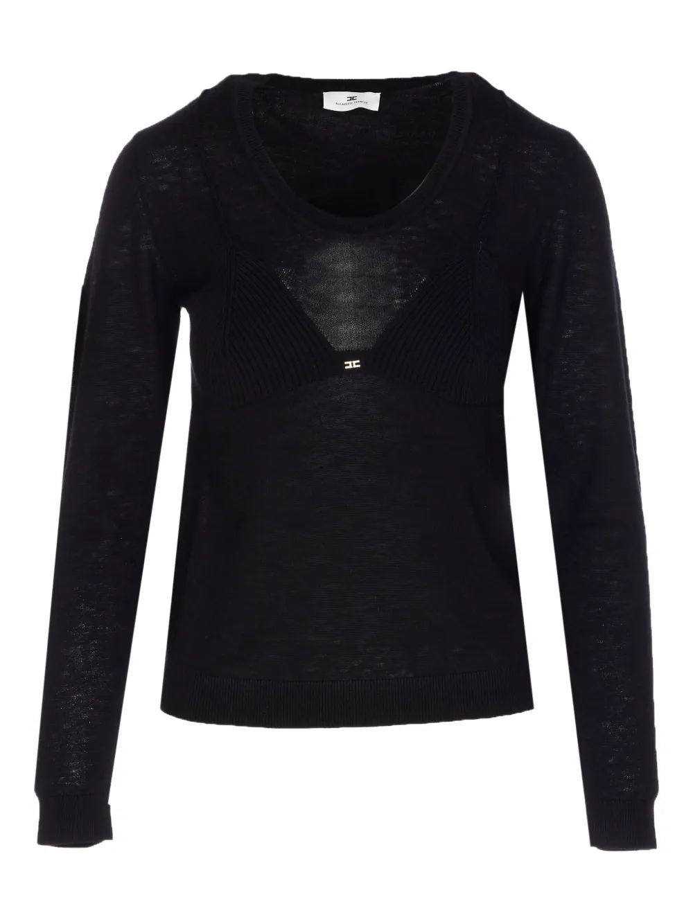 Elisabetta Franchi Long Sleeve Crewneck Knit Top With Sheer Panel In Black
