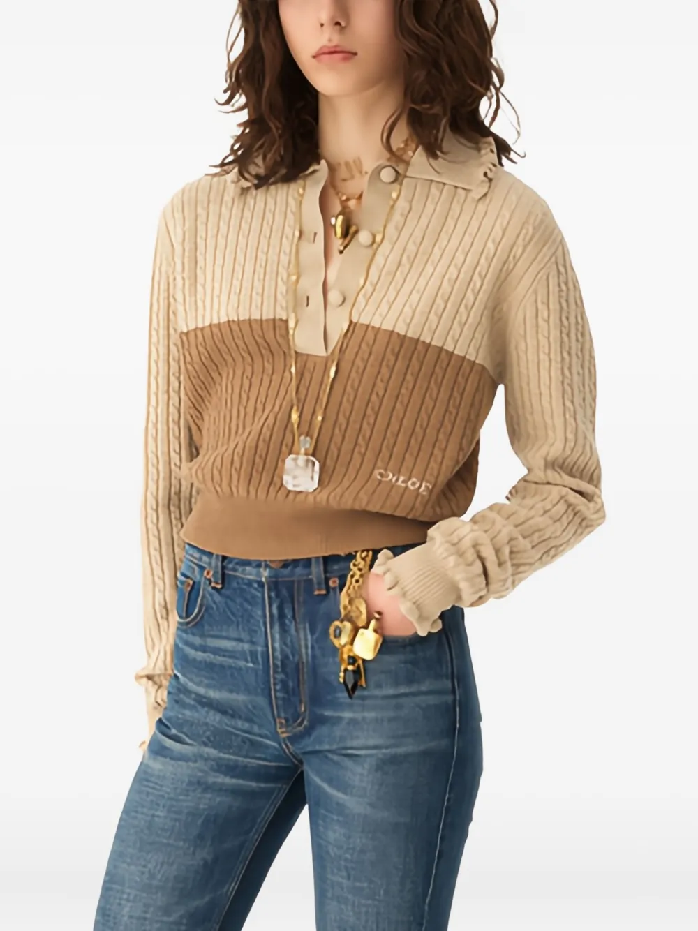 Chloé Kabelgebreide tweekleurige trui Bruin