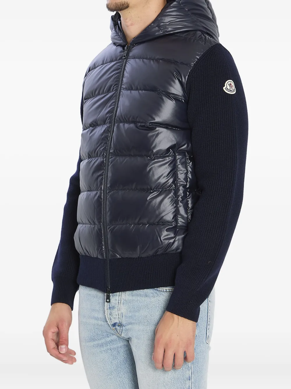 Moncler Hooded Cardigan With Padded Front And Ribbing In Blue