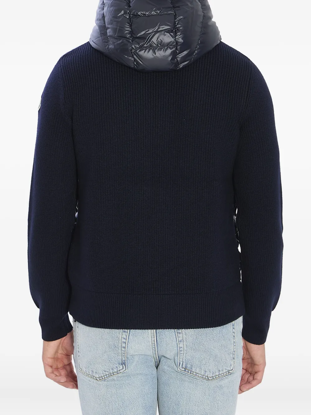 Moncler Hooded Cardigan With Padded Front And Ribbing In Blue