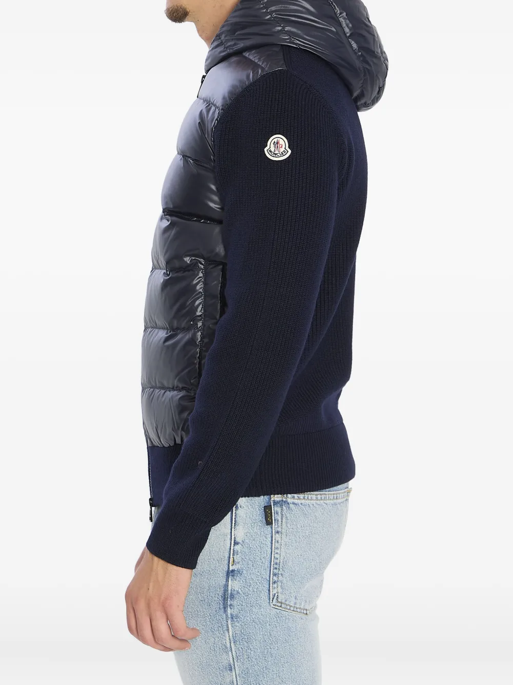 Moncler Hooded Cardigan With Padded Front And Ribbing In Blue