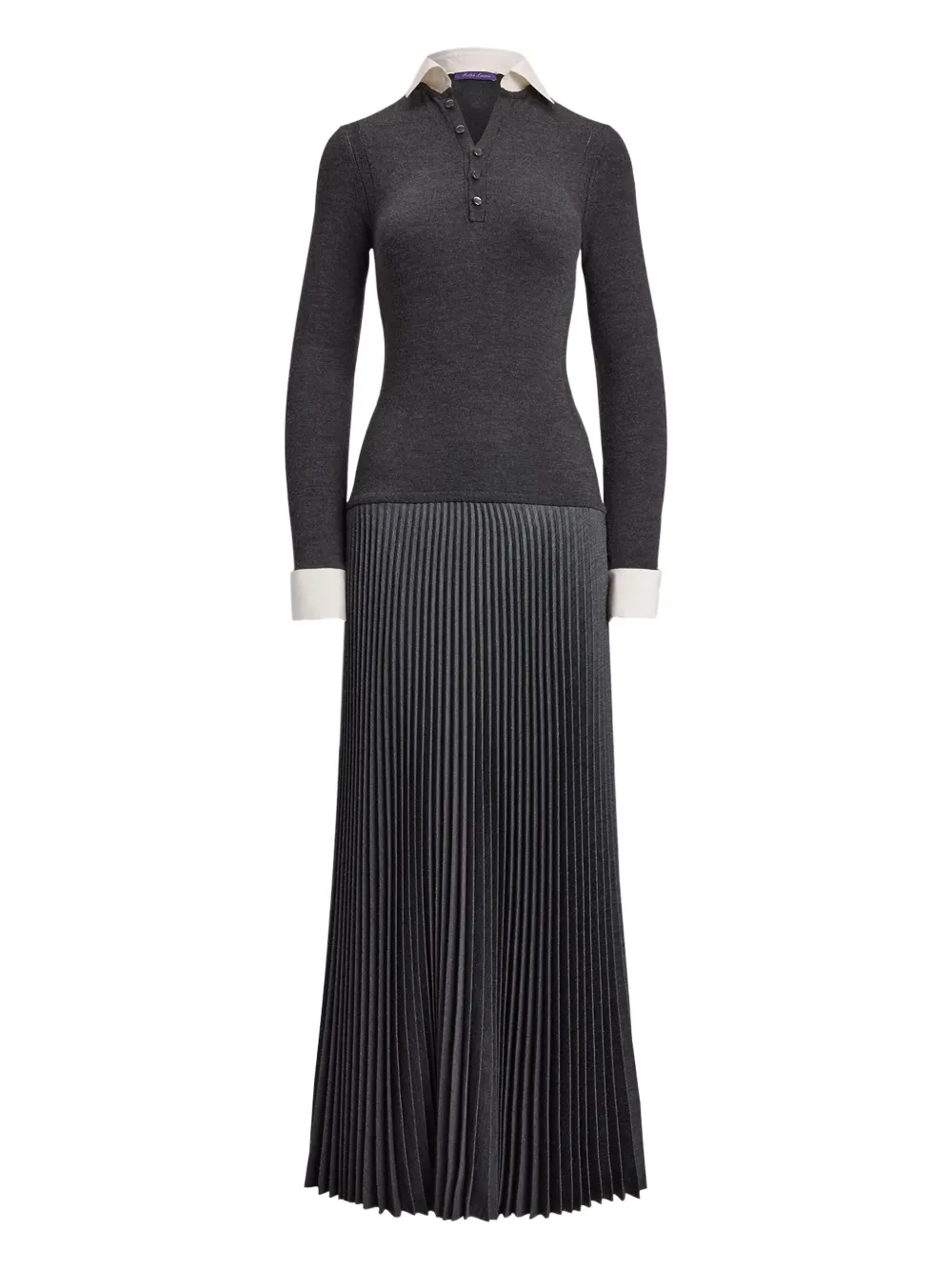 Ralph Lauren Collection فستان بولو بكسرات وأجزاء مخيوطة | رمادي | Image 1