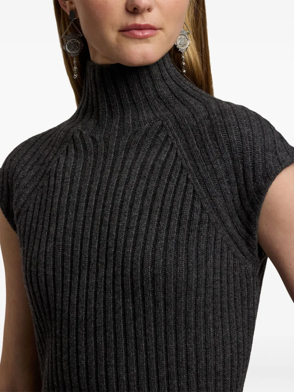Ralph Lauren Ribbed High-neck Sleeveless Top In Gray