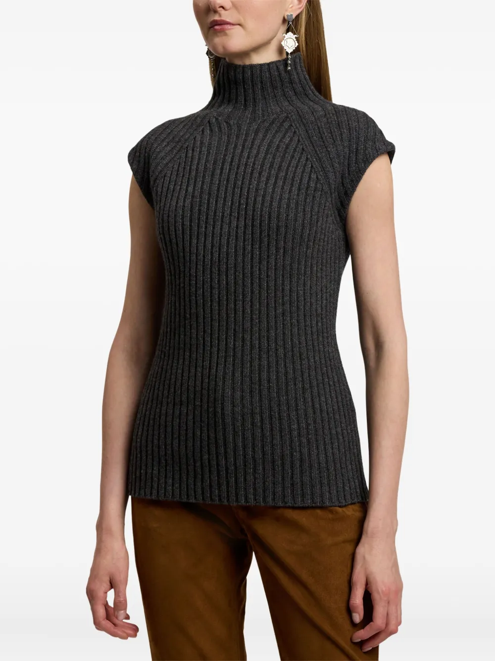 Ralph Lauren Ribbed High-neck Sleeveless Top In Gray