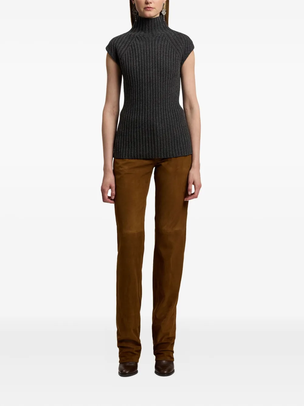 Ralph Lauren Ribbed High-neck Sleeveless Top In Gray