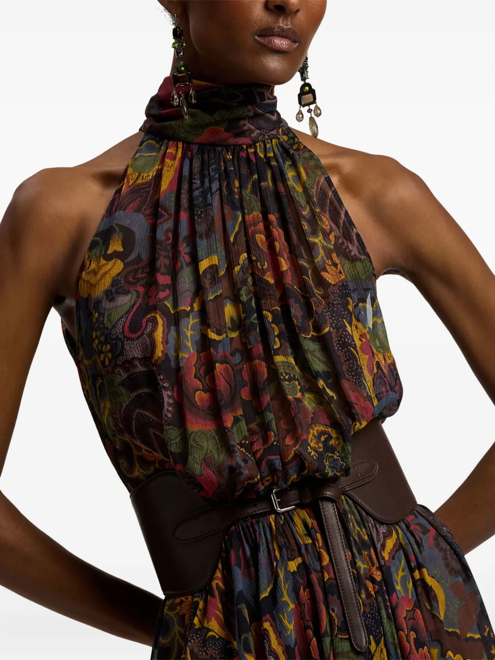 Ralph Lauren Kylee Floral Crinkle Chiffon Midi Halter Dress In Multi