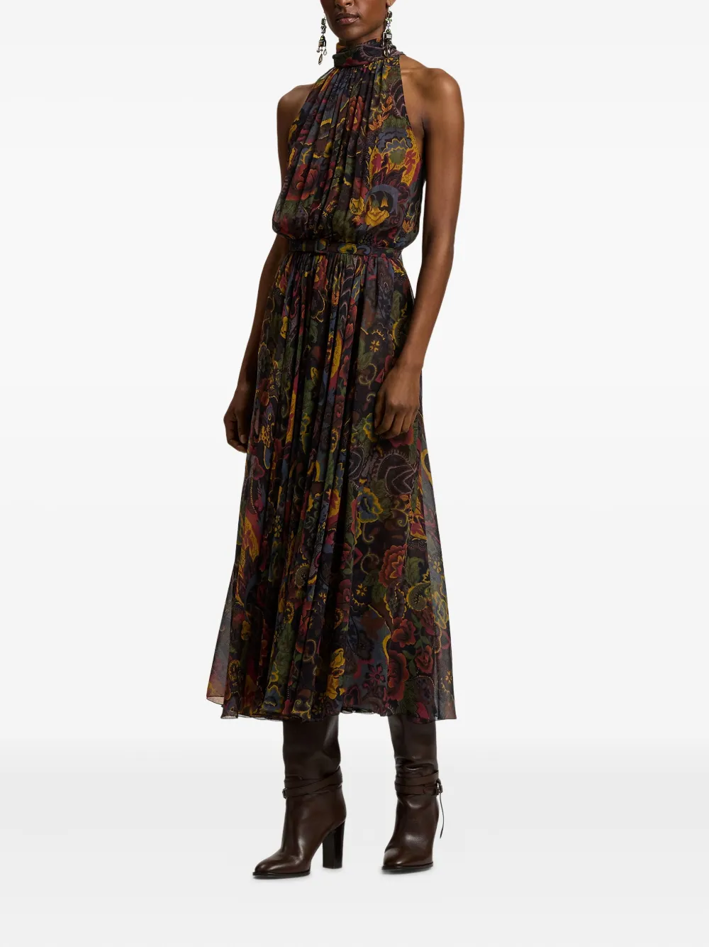 Ralph Lauren Kylee Floral Crinkle Chiffon Midi Halter Dress In Multi