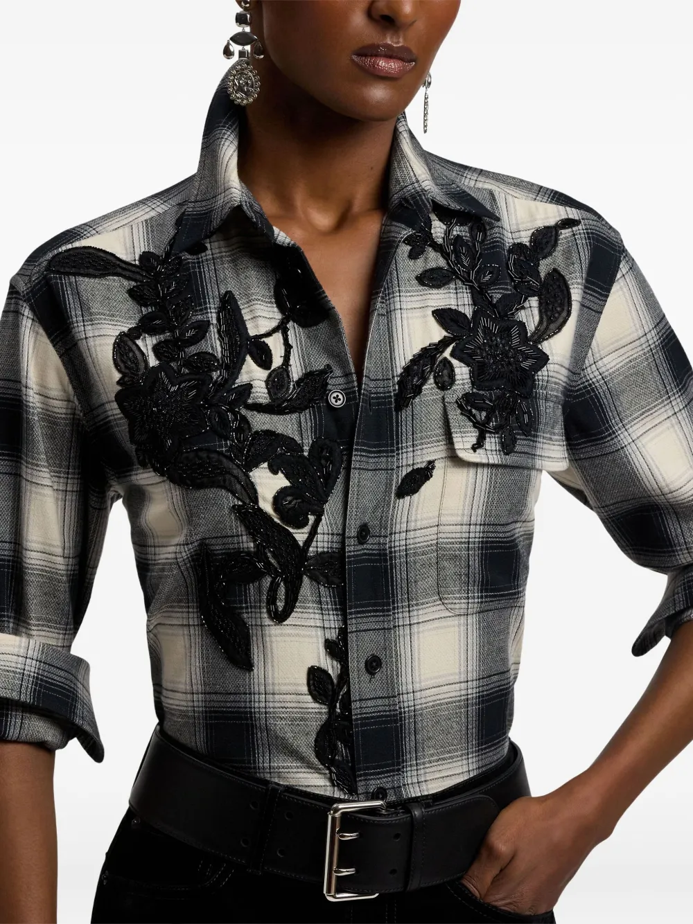 Ralph Lauren Cotton-cashmere Embroidered Check Leeann Shirt In Black