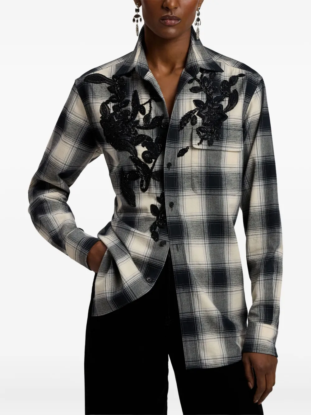 Ralph Lauren Cotton-cashmere Embroidered Check Leeann Shirt In Black