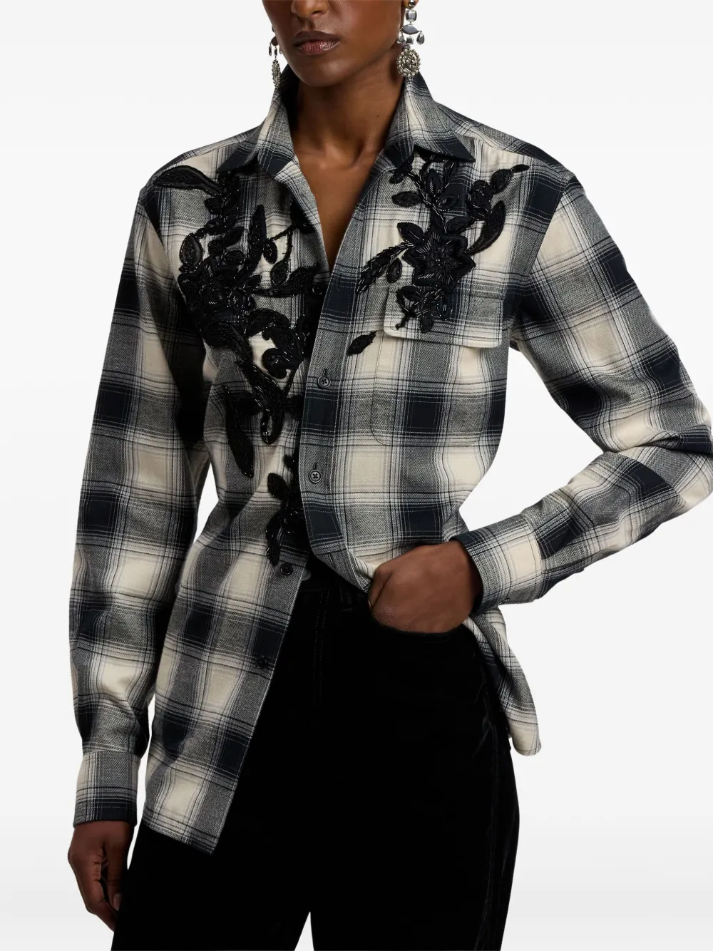 Ralph Lauren Cotton-cashmere Embroidered Check Leeann Shirt In Black