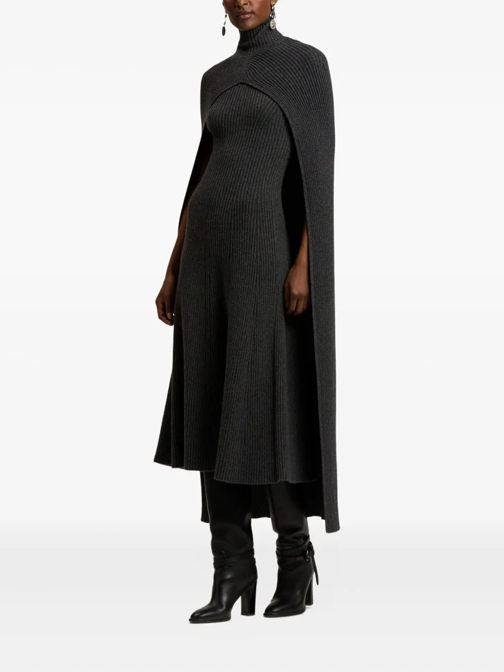 Ralph Lauren Ribbed Turtleneck Cape Coat In Gray