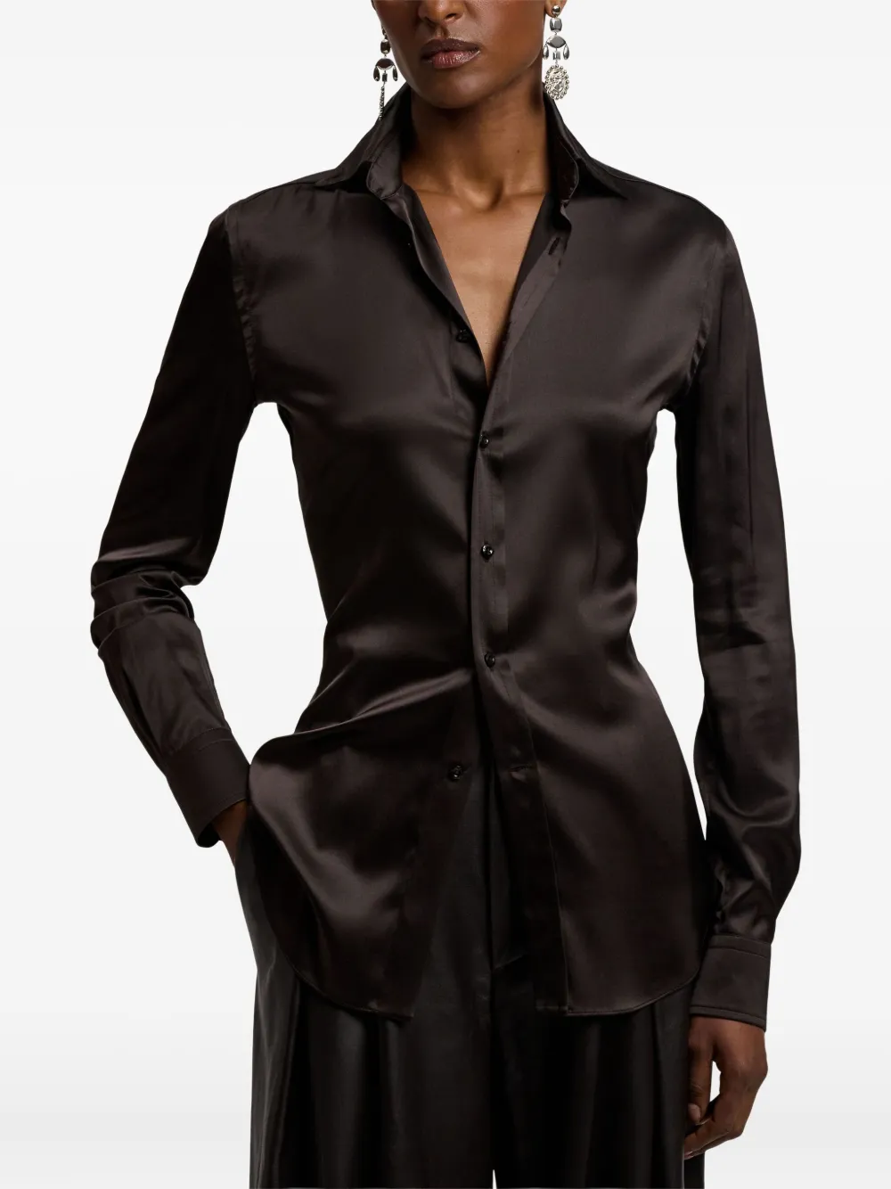 Ralph Lauren Cameron Silk-blend Charmeuse Shirt In Brown