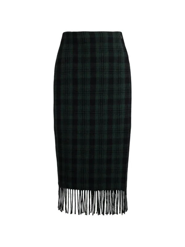 Polo Ralph Lauren Fringed Check Midi Skirt in Green