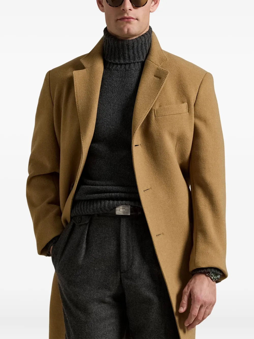 Polo Ralph Lauren Mens Collared Single-breasted Wool-blend Coat Camel Xl In Brown