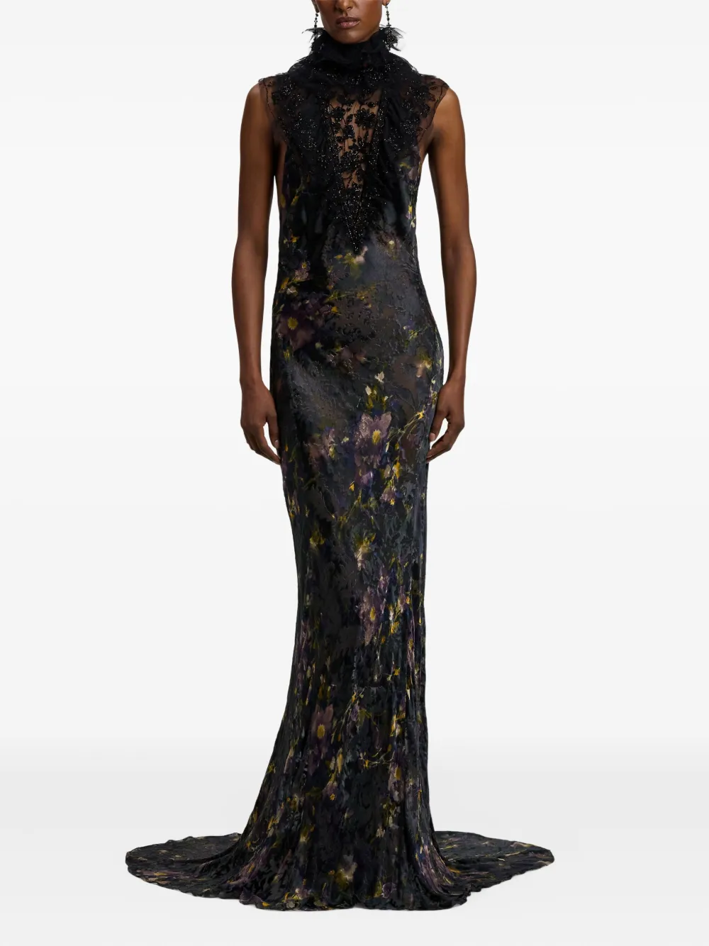 Ralph Lauren Collection floral-print ruffled high-neck maxi dress - Groen