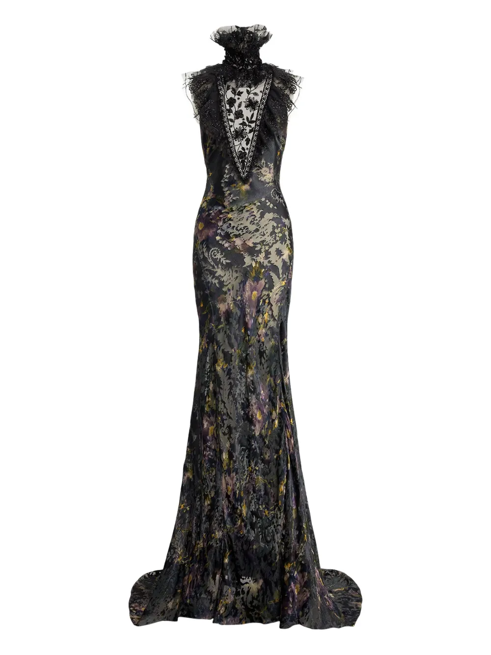 Ralph Lauren Collection فستان ماكسي بكرانيش ورقبة عالية وطبعة زهور | أخضر | Image 1
