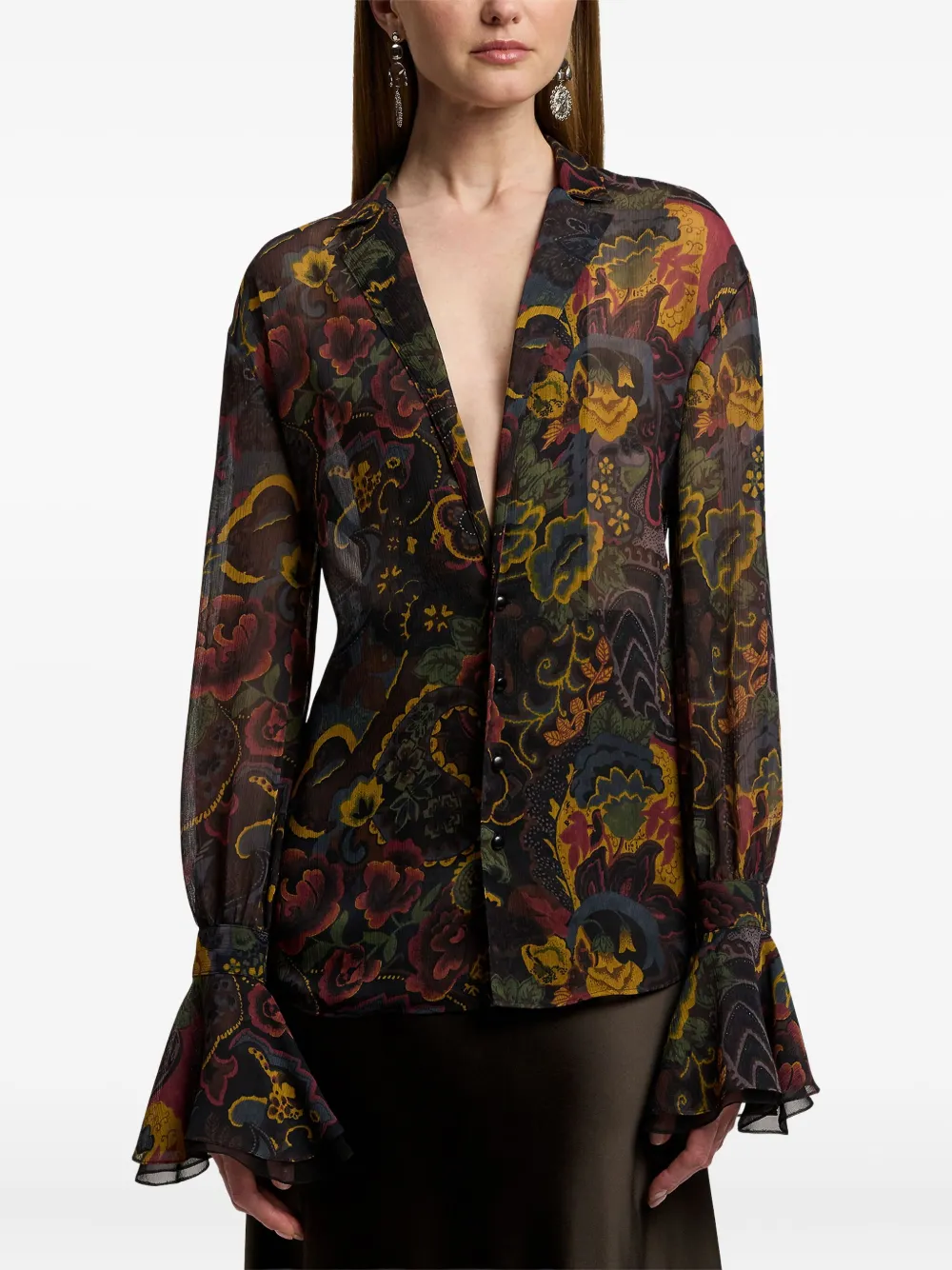 Ralph Lauren Floral-print Bell-sleeve Silk Blouse In Multi