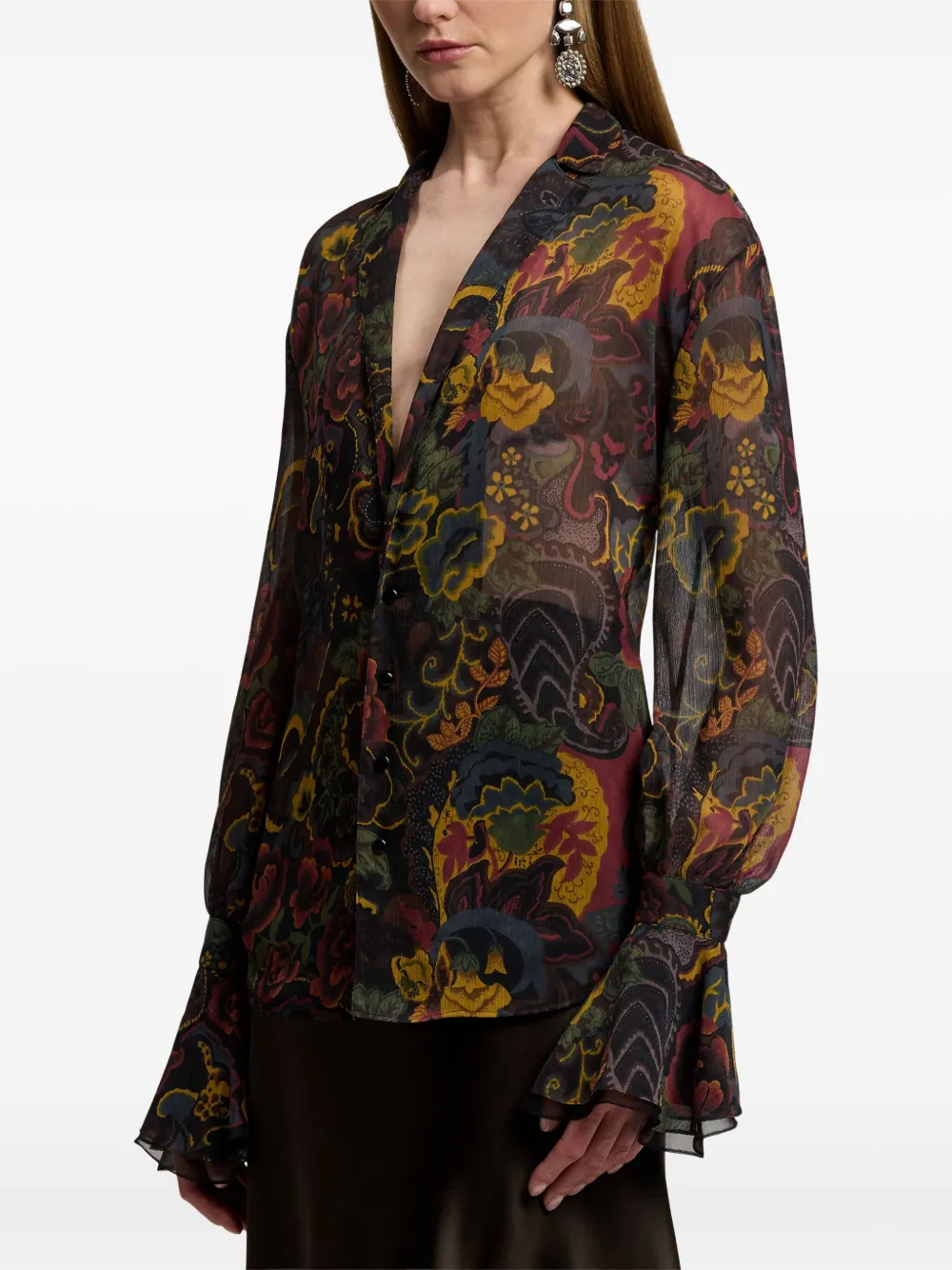 Ralph Lauren Floral-print Bell-sleeve Silk Blouse In Multi