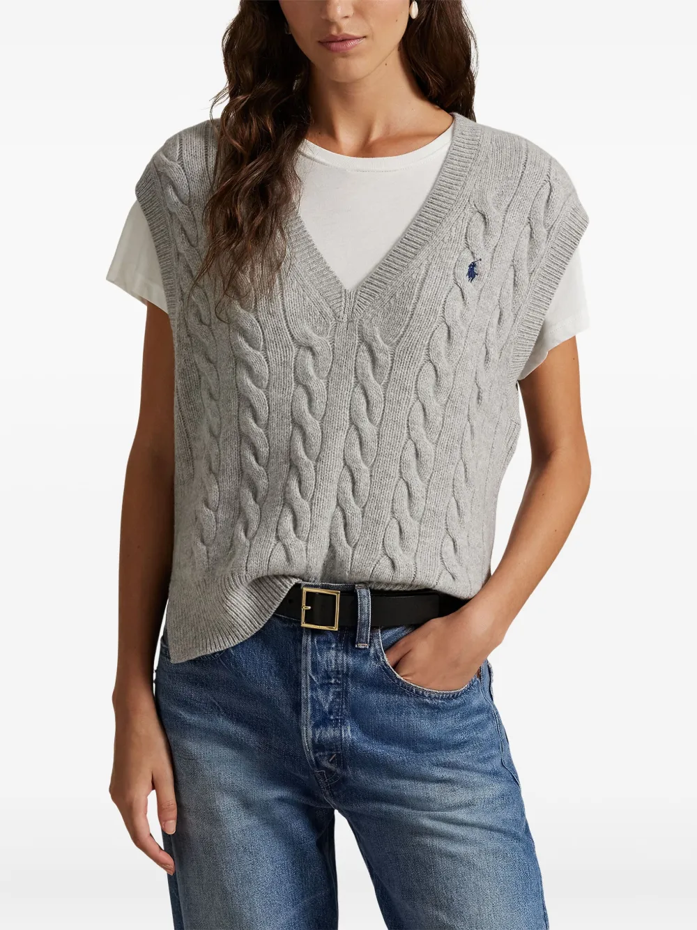 Polo Ralph Lauren Cable-knit V-neck Sweater Vest In Gray