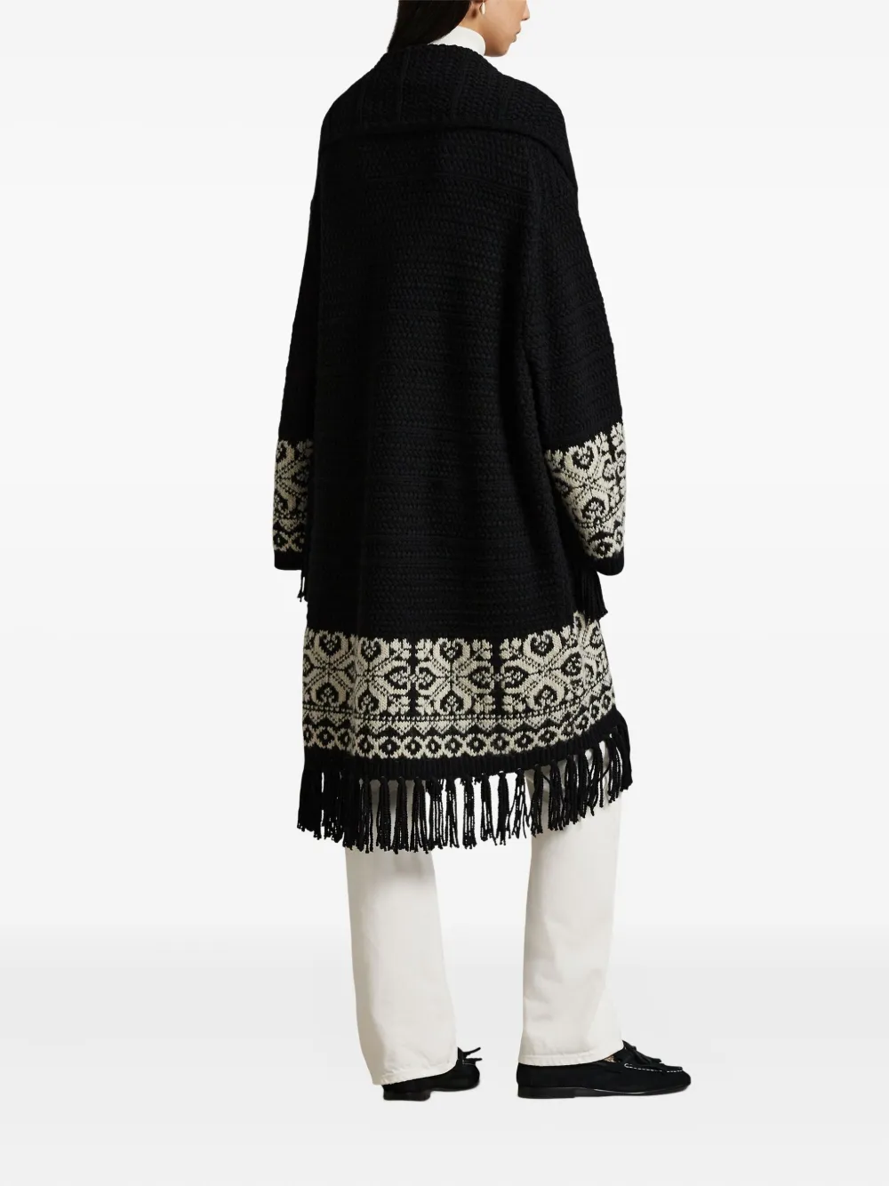 Polo Ralph Lauren Fairisle-pattern Fringed Cardigan In Black