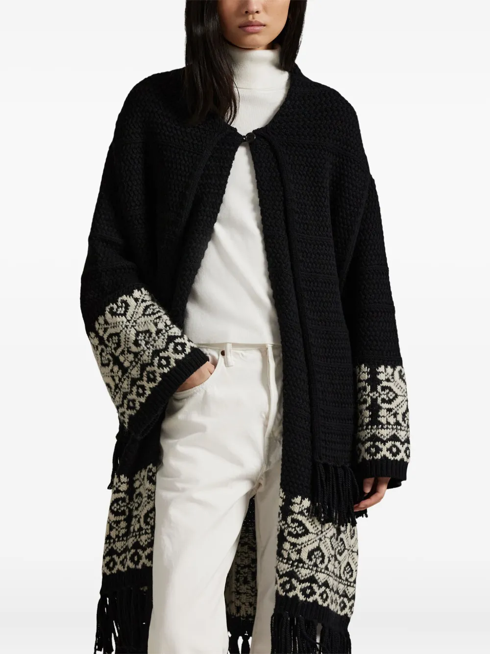 Polo Ralph Lauren Fairisle-pattern Fringed Cardigan In Black